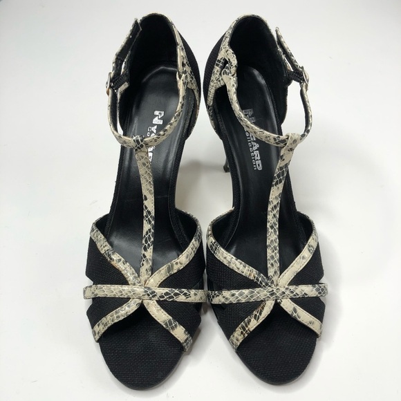 nygard Tindall Black T-strap Snake Print Heeled Peep-toe Sexy Sandals Shoes - Picture 5 of 15